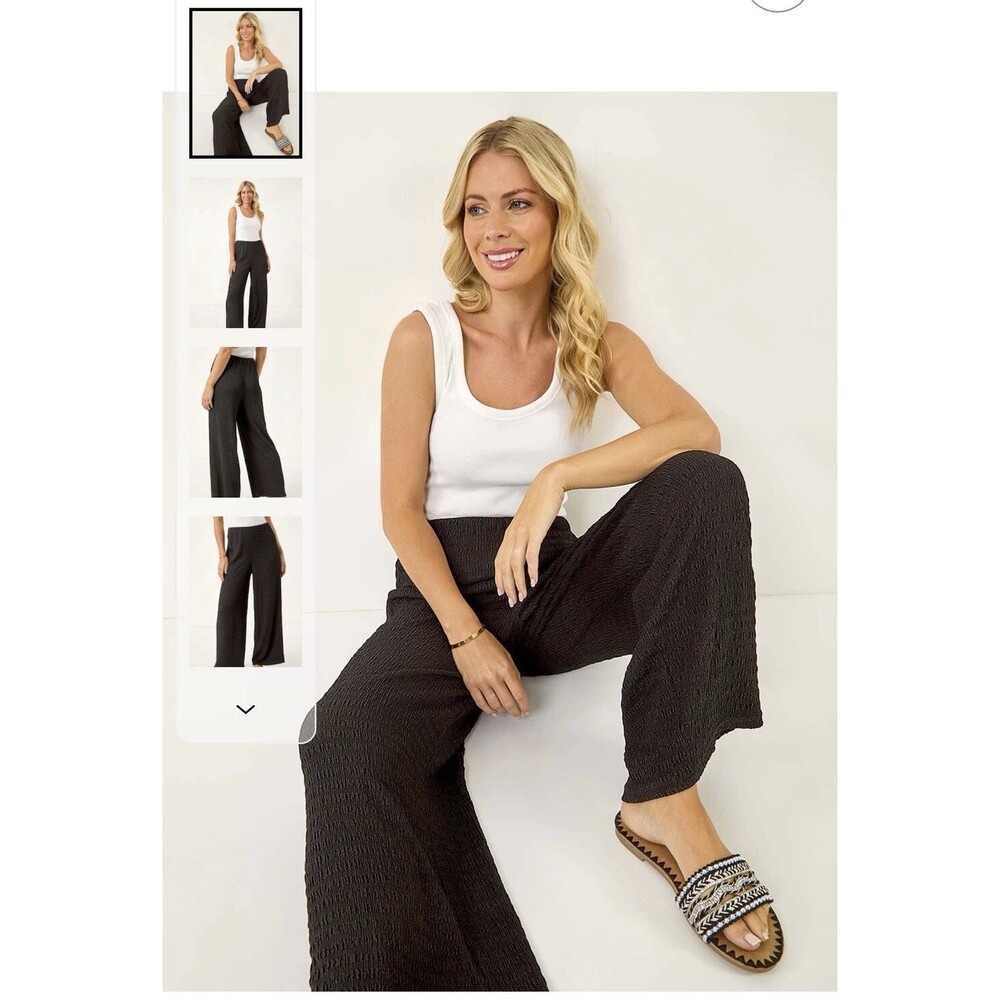 GLG Petite Textured Stretch Trousers Black High Waisted Wide Leg Pants  Small